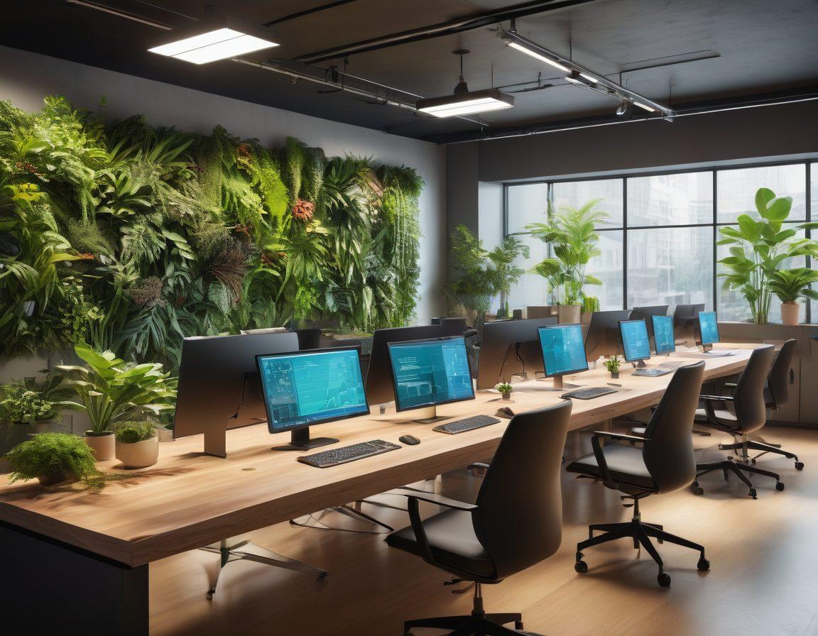 A modern workspace scene showcasing a diverse group of individuals collaborating with cutting-edge digital tools provided by Myfir. Bright screens display innovative resources and graphs indicating growth. Lush plants and motivational quotes are in the background, symbolizing support and progress. The atmosphere conveys energy and creativity. vibrant colors. super-realistic.