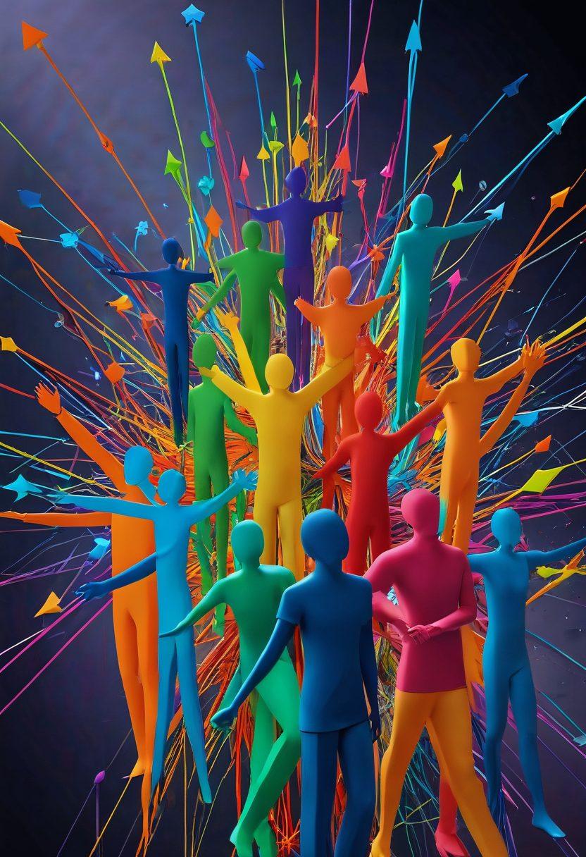 A dynamic representation of interconnected individuals in a collaborative network, symbolizing growth and development. Include abstract lines connecting people, vibrant nodes of innovation, and a digital backdrop with upward arrows indicating progress. Emphasize diverse individuals sharing ideas and skills, creating a positive and inspiring atmosphere. super-realistic. vibrant colors. 3D.
